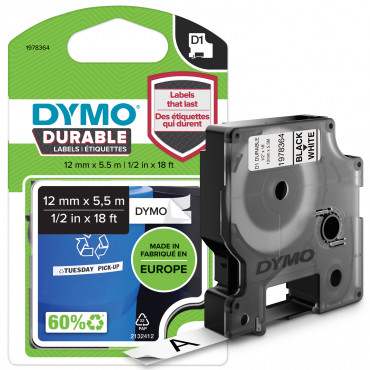 Dymo D1 Durable 12 mm x 5,5 M, musta / valkoisella | Porin Konttorikone Oy