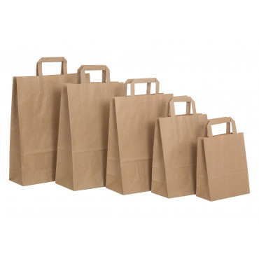 Paperikassi litteällä kahvalla ruskea 22 + 10 x 28 cm (250) | Porin Konttorikone Oy